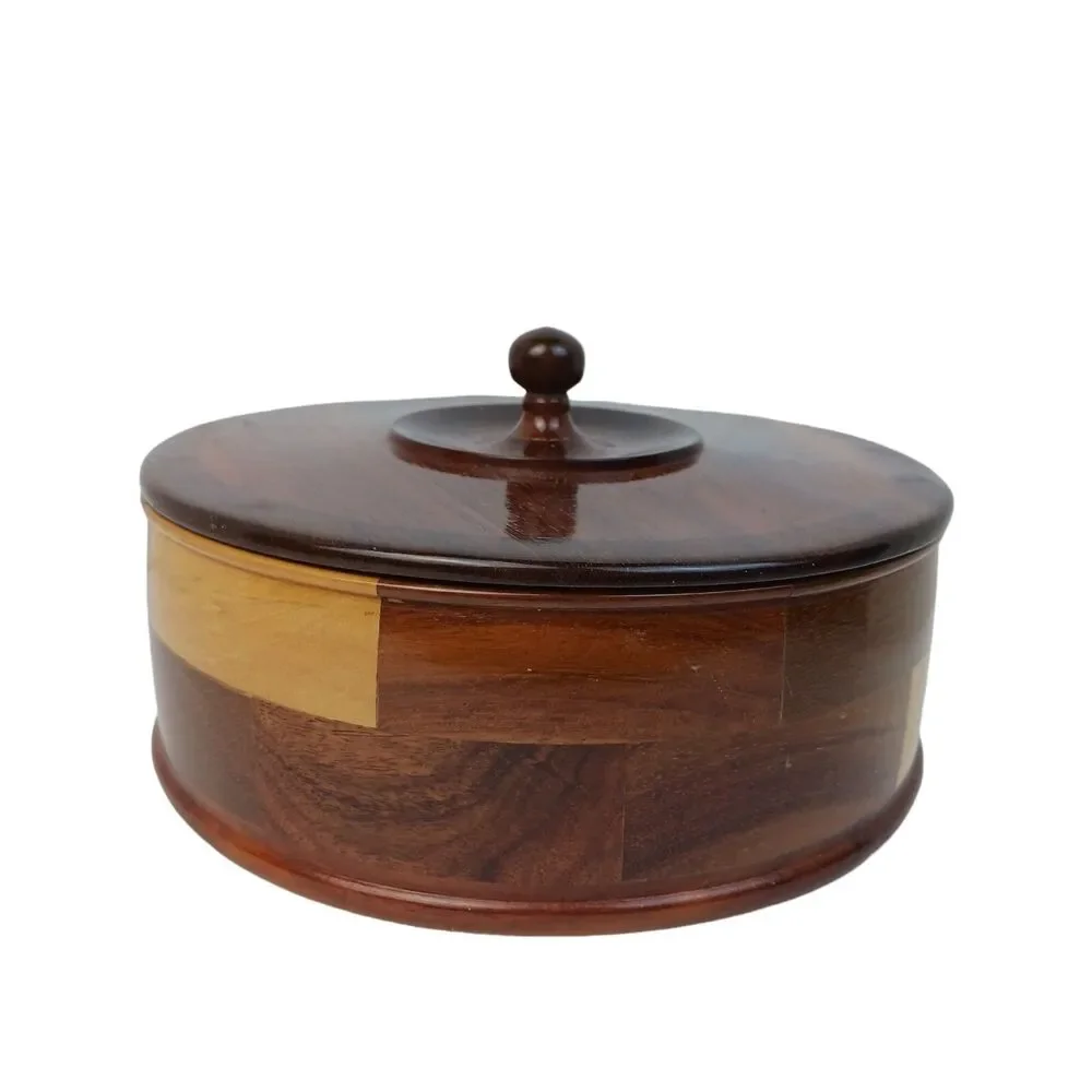 Wooden Box Hand Turned Marquetry Inlaid Various Woods Round Jewelry Storage